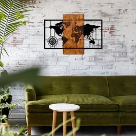 Wallity World Map With Compass - Accesorio de Pared Decorativo de Madera